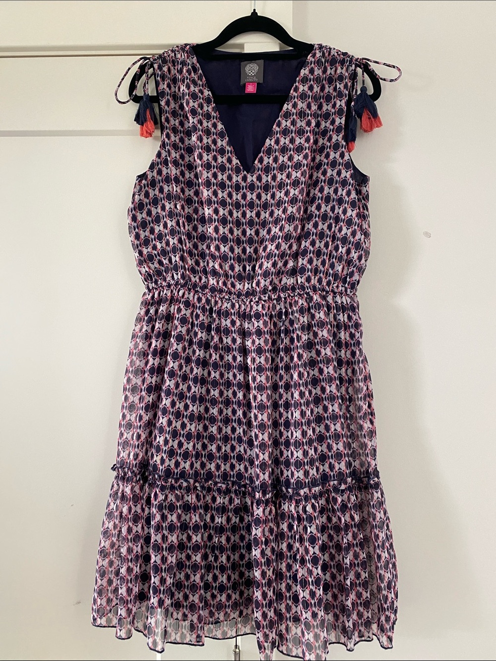 Vince Camuto Metallic Medallion Sleeveless Tiered Dress Tassels Navy Pink 4